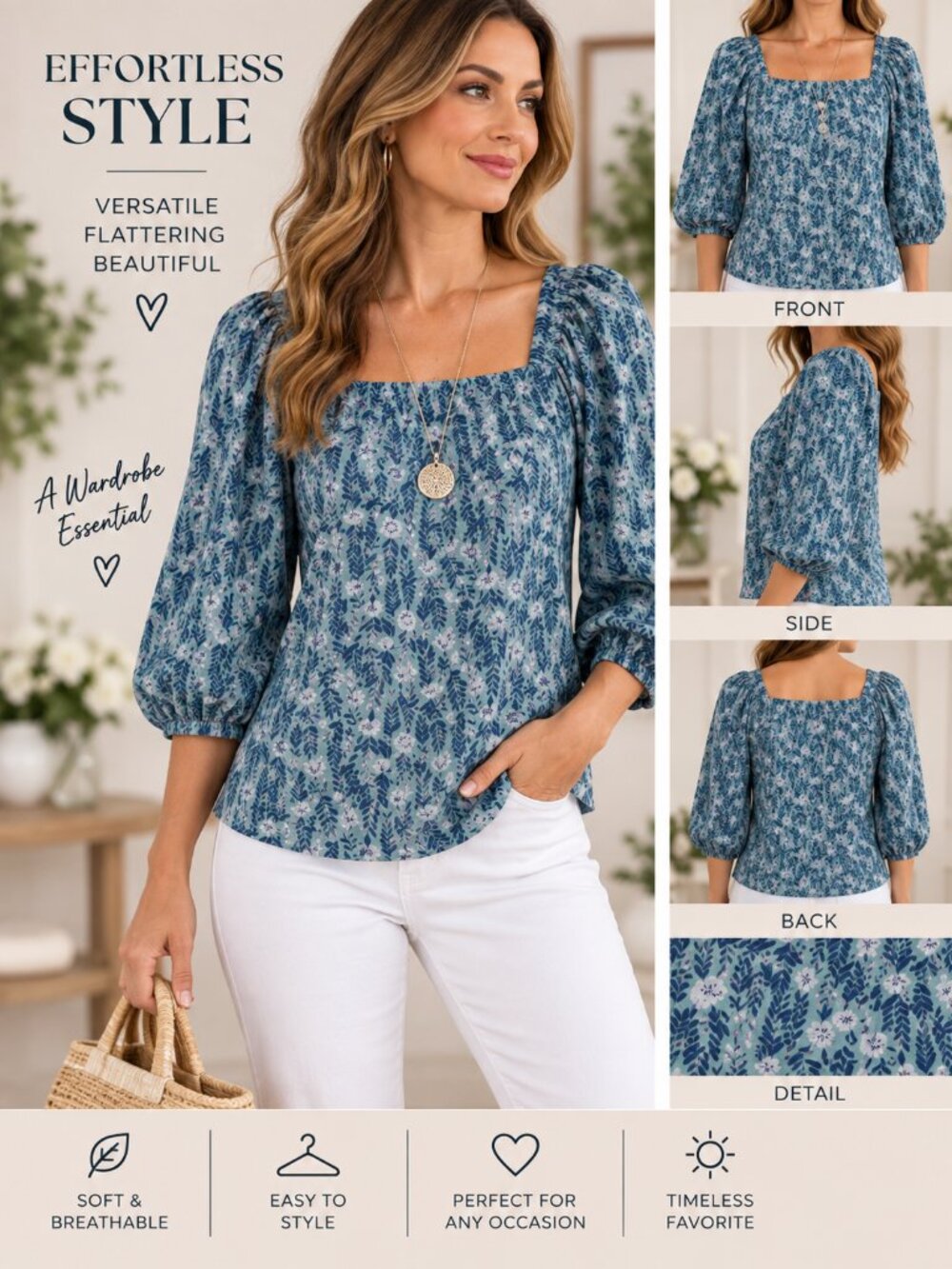 Style & Co. Teal Botanical Print 3/4 Sleeve Top – Size M